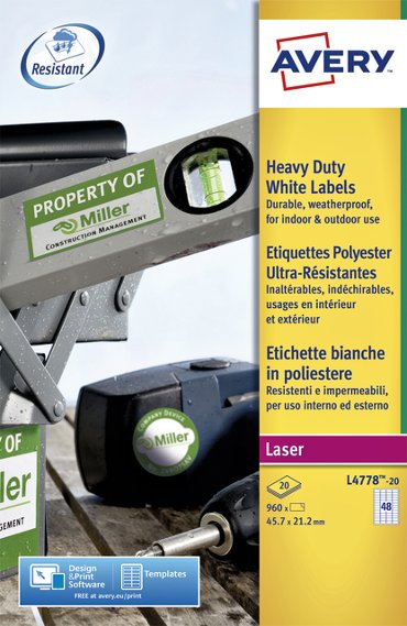 Etiket Avery L4778-20 45.7x21.2mm polyester wit 960 etiketten