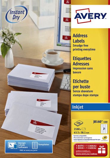 Etiket Avery J8160-100 63.5x38.1mm wit 2100 etiketten