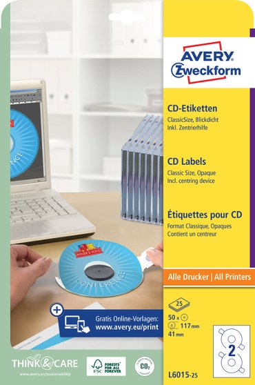 Etiket Avery Zweckform L6015-25 CD wit 50 etiketten