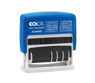 Colop woord- en datum stempel met 12 verschillende teksten met rood-blauw stempelkussen