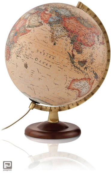 Atmosphere globe, diameter 30 cm, uitvoeringantieke wereld en walnoten voet, verlicht (A4) 